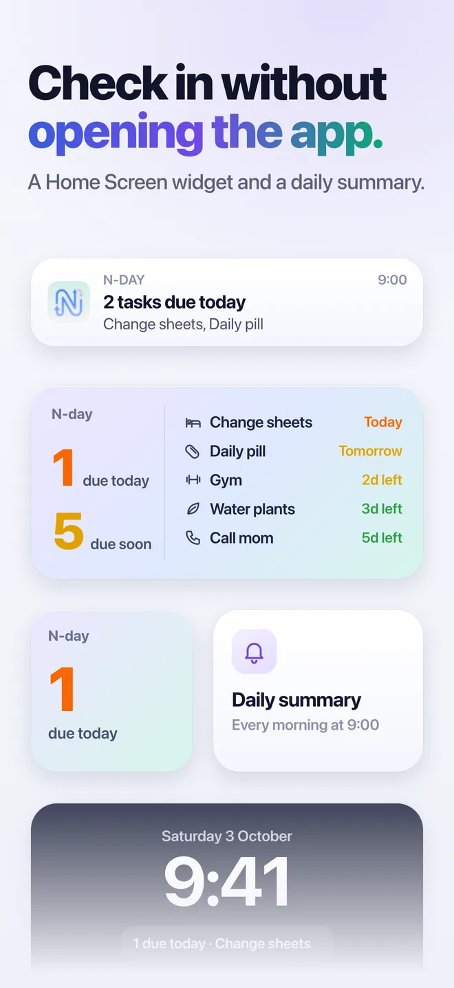 Check in without opening the app. A Home Screen widget and a daily summary.