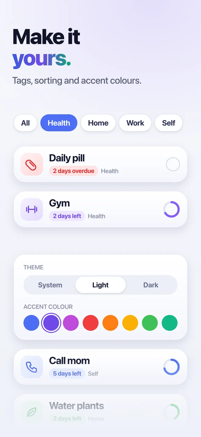 Make it yours. Tags, sorting and accent colours.